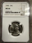 1943 25C Washington Silver Quarter  NGC MS66 Beauty