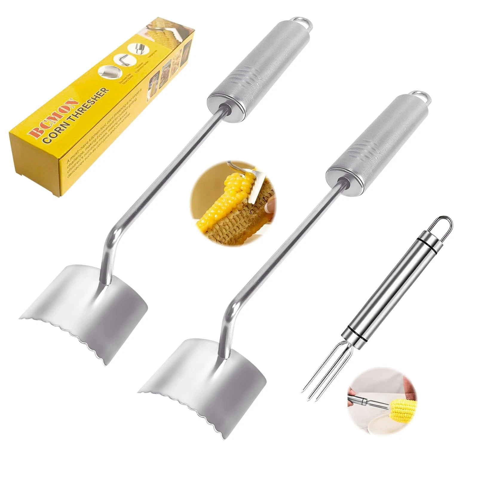3pcs Stainless Steel Corn Peeler Stripper with Serrated Blade, Long Oval Ergo...