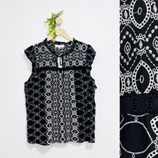 LOFT NWT Black Embroidered Eyelet Ruffle Sleeves Top Size XL