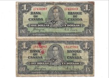 2 X 1937 Vintage Canada $1 Bills Canadian 1 Dollar Paper Currency King George VI