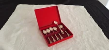 BOXED SET OF 6 TEA SPOONS WITH REDDISH ( GARNET?)  STONE ON HANDLE MARKED SS