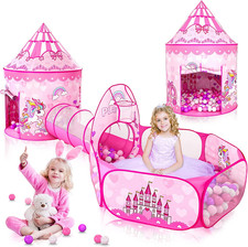 3PC Princess Tent for Girls with Kids Ball Pit and Crawl Tunnel for Toddlers, Pi
