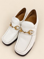 Gucci Women's White Leather Horsebit Logo Loafer Flats EU 36 Square Toe
