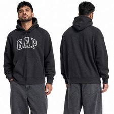 GAP Full Zip Hoodie Unisex Large Black Long Sleeve Ribbed Hem Winter Wear