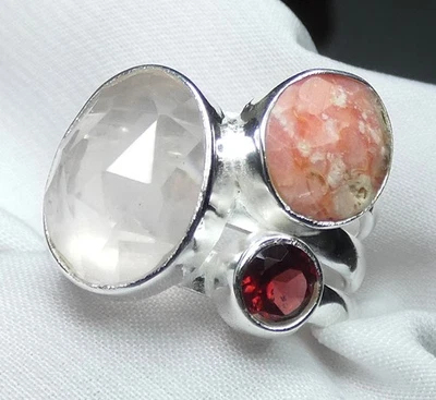 🌸 Gr.60 (19,1) Ring 925 Silber mit Rosenquarz, Korallenopal & Granat  💍 - Bild 1 von 4