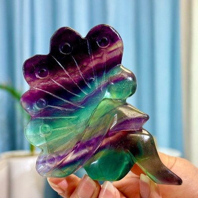 237G Natural Beautiful Colour Fluorite Crystal Carving Flower Fairy Healing