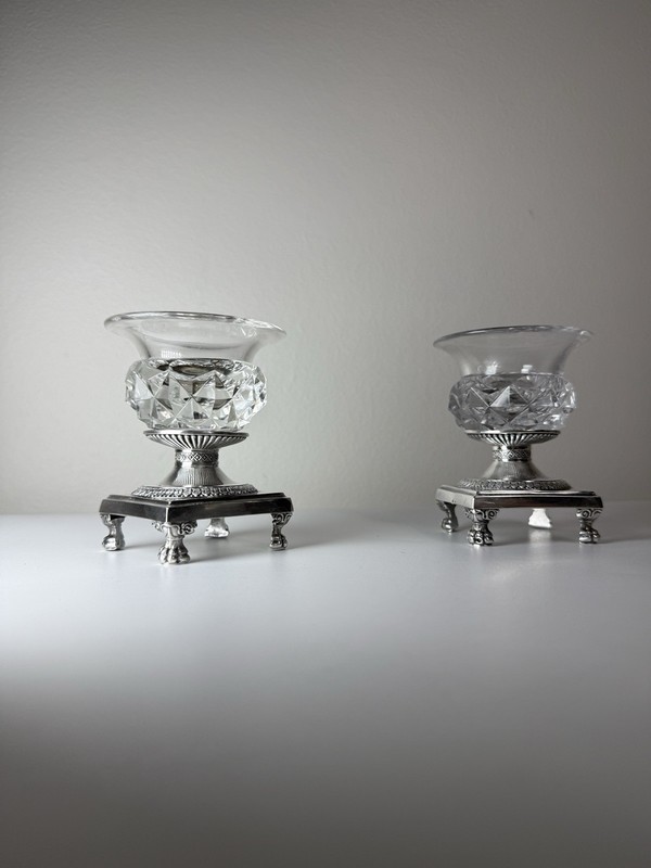 Antique French Empire 1819-1838 .95 Silver Mounted Cut Crystal Salt Cellars Pair