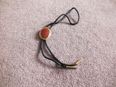Beautiful Bolo Tie Gold Tone Rust orange Cabochon Slide with Black Cord 32''