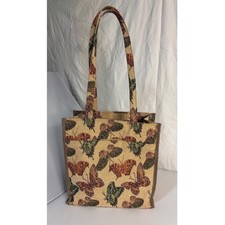 Vintage Butterfly Tapestry Tote Bag Woven Shoulder Bag Tan Green Cottagecore