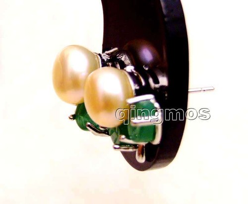 Pendiente plano redondo de perlas rosadas naturales de 7-8 mm para mujer pendiente de hoja verde - Imagen 3 de 10