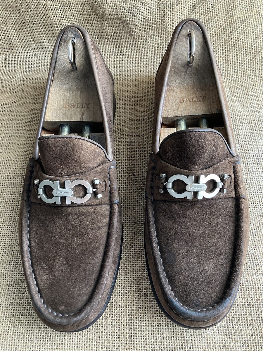 SALVATORE FERRAGAMO Mens Brown Suede Gancini Loafers Size US 