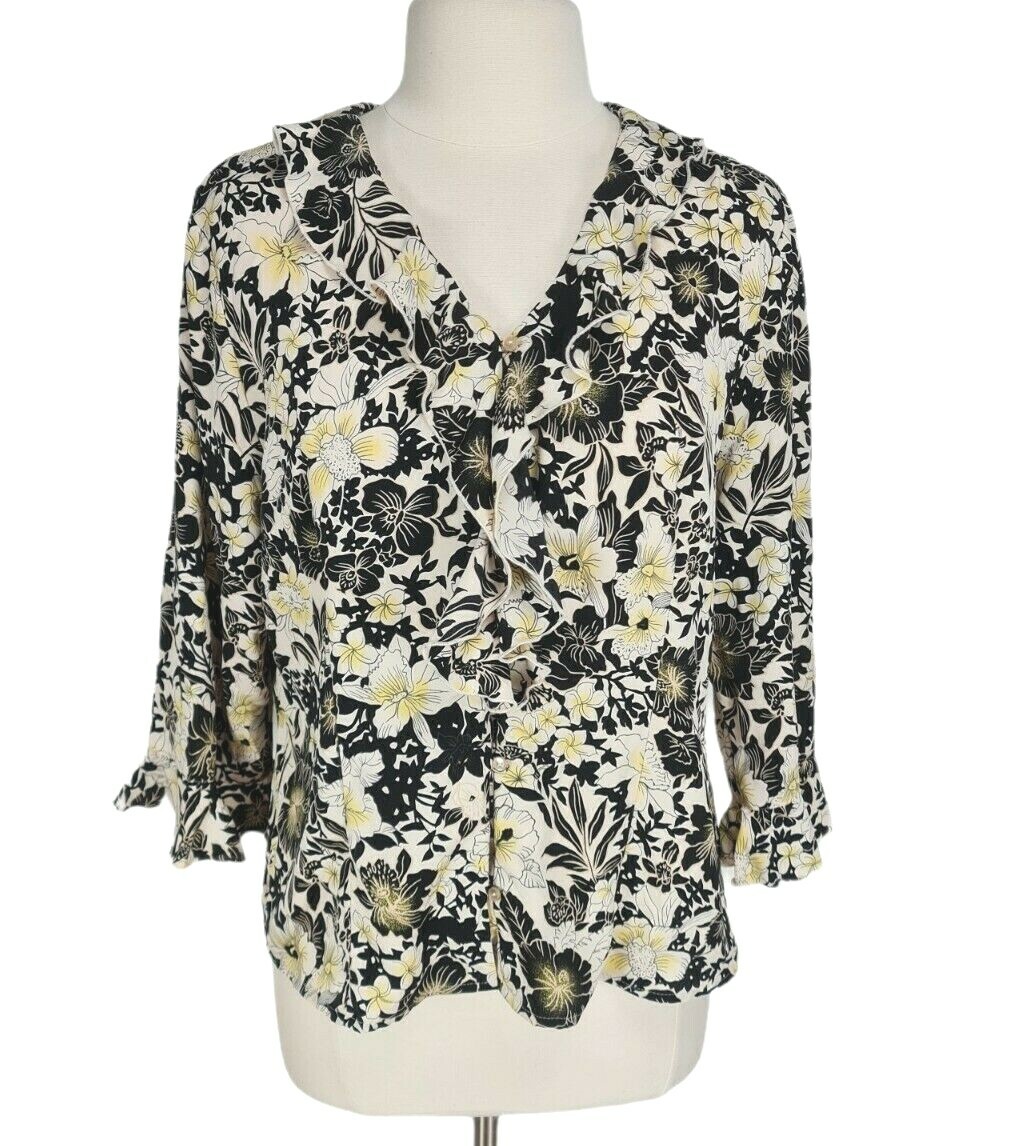 Sag Harbor Floral Ruffle Neck Long Sleeve Basic Button up Blouse Women Size 14