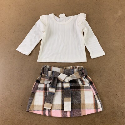 Shein Baby US Size 9-12 Months Ruffle Trim Tee & Plaid Belted Skirt Set New