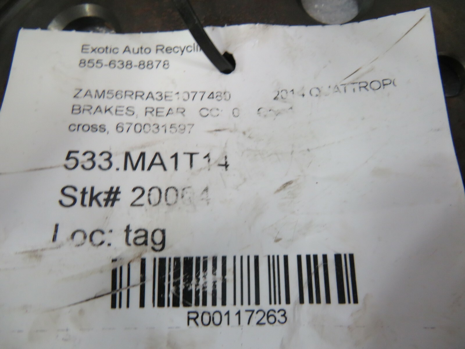 2014 Maserati Quattroporte, Rear Brake Rotor, Cross Drilled, Used, P/N 670031597