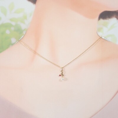 MIKIMOTO Pearl Pendant Necklace K18 Yellow Gold Ruby Akoya Pearl