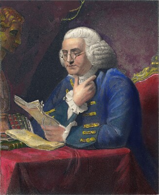 BENJAMIN FRANKLIN & ISAAC NEWTON hand colored 1837 engraving David