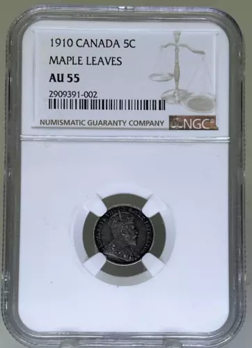 Canada 1910 5c Five Cents Silver Coin: Pointed Leaves AU 55 NGC
