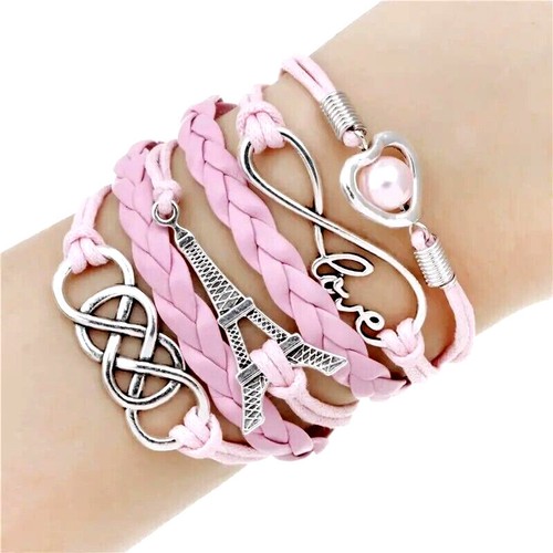 Eiffel Tower Heart Celtic Knots Silver Charms Multi Layer Bracelet Free Gift Bag - Picture 4 of 27