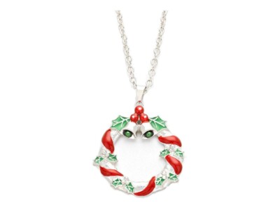 Silvertone Enamel Christmas Wreath Pendant Necklace Gift Idea