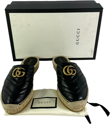 GUCCI 551881 Black Leather GG Marmont Espadrilles Mules GUCCI 551881 Black Leather GG Marmont Espadrilles Mules