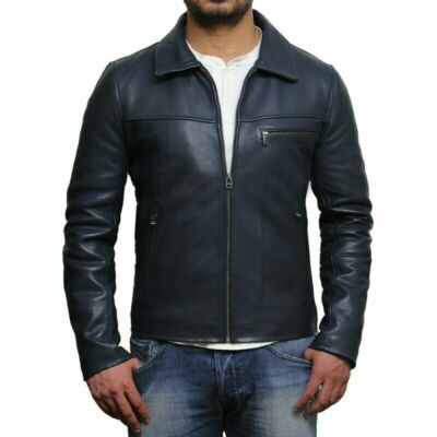 Men's Vintage Jacket Genuine Lambskin Pure Leather Blue Biker café Racer Jacket