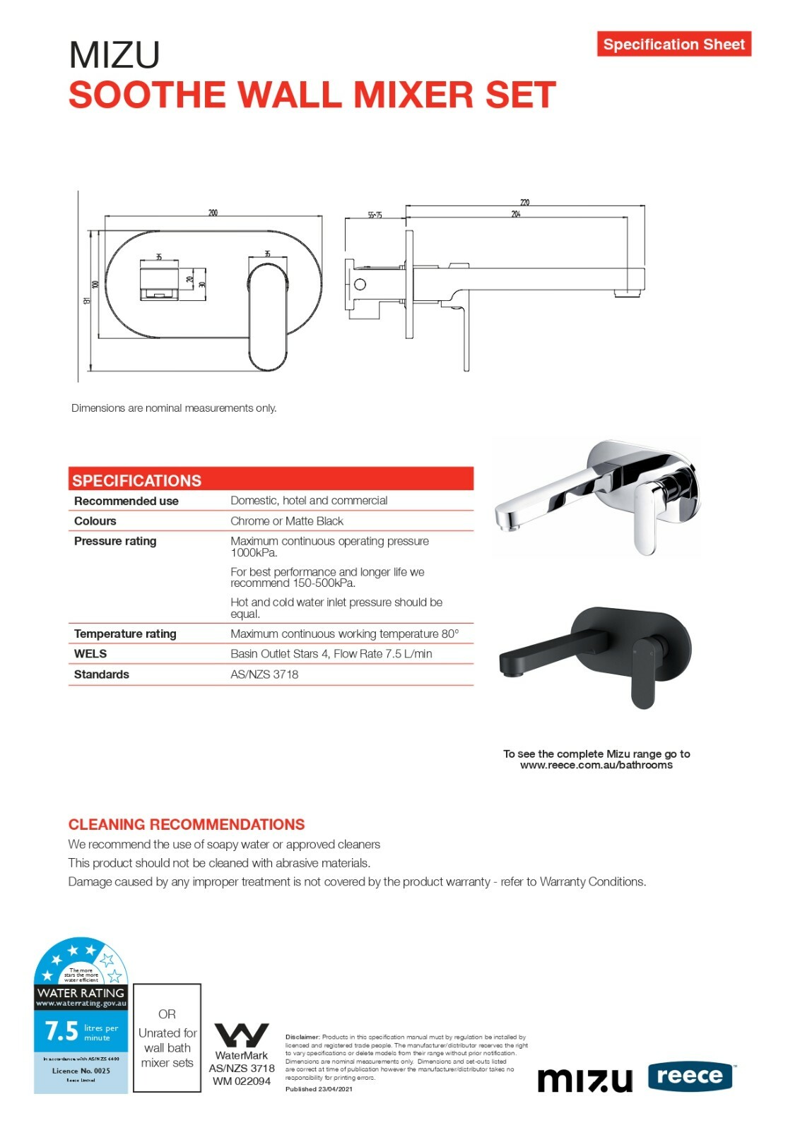 Mizu SOOTHE WALL BASIN MIXER SET 200mm, WELS 4 Star RatingChrome Or