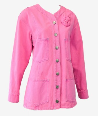 CHANEL Denim Long Jacket 36 4 Neon Pink Button Pocket