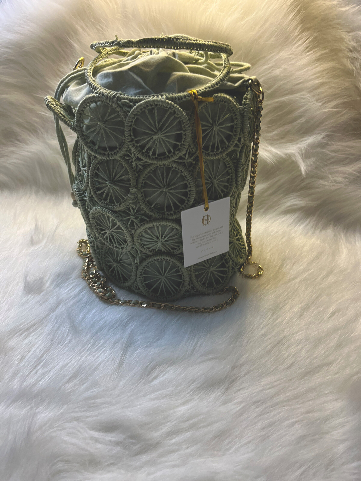 House of Harlow 1960 Raffia Hand Woven Bucket Bag Mint Green NWT