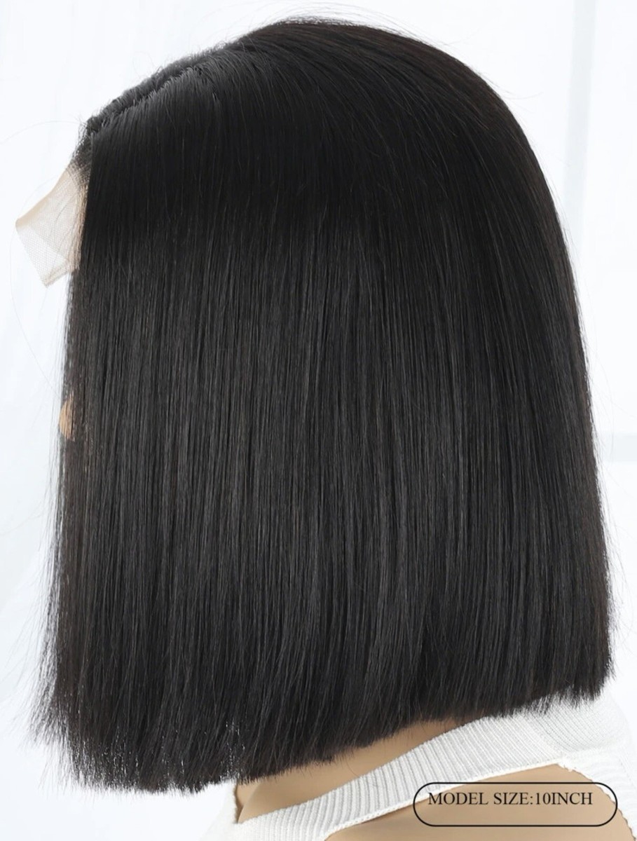 Perruque Courte En Cheveux Humains Naturels - Coupe Carré Lisse Noir, 25 Cm, Dentelle Frontale - Neuf Sans étiquettes