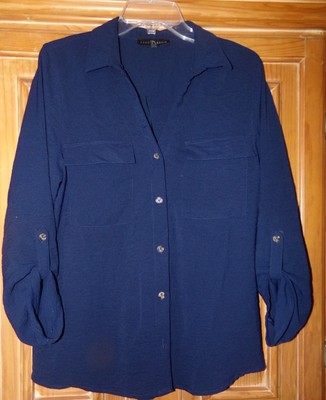 FRED DAVID WOMENS SIZE M NAVY 3/4 ROLL TAB SLEEVE BUTTON UP BLOUSE COLLAR V-NECK
