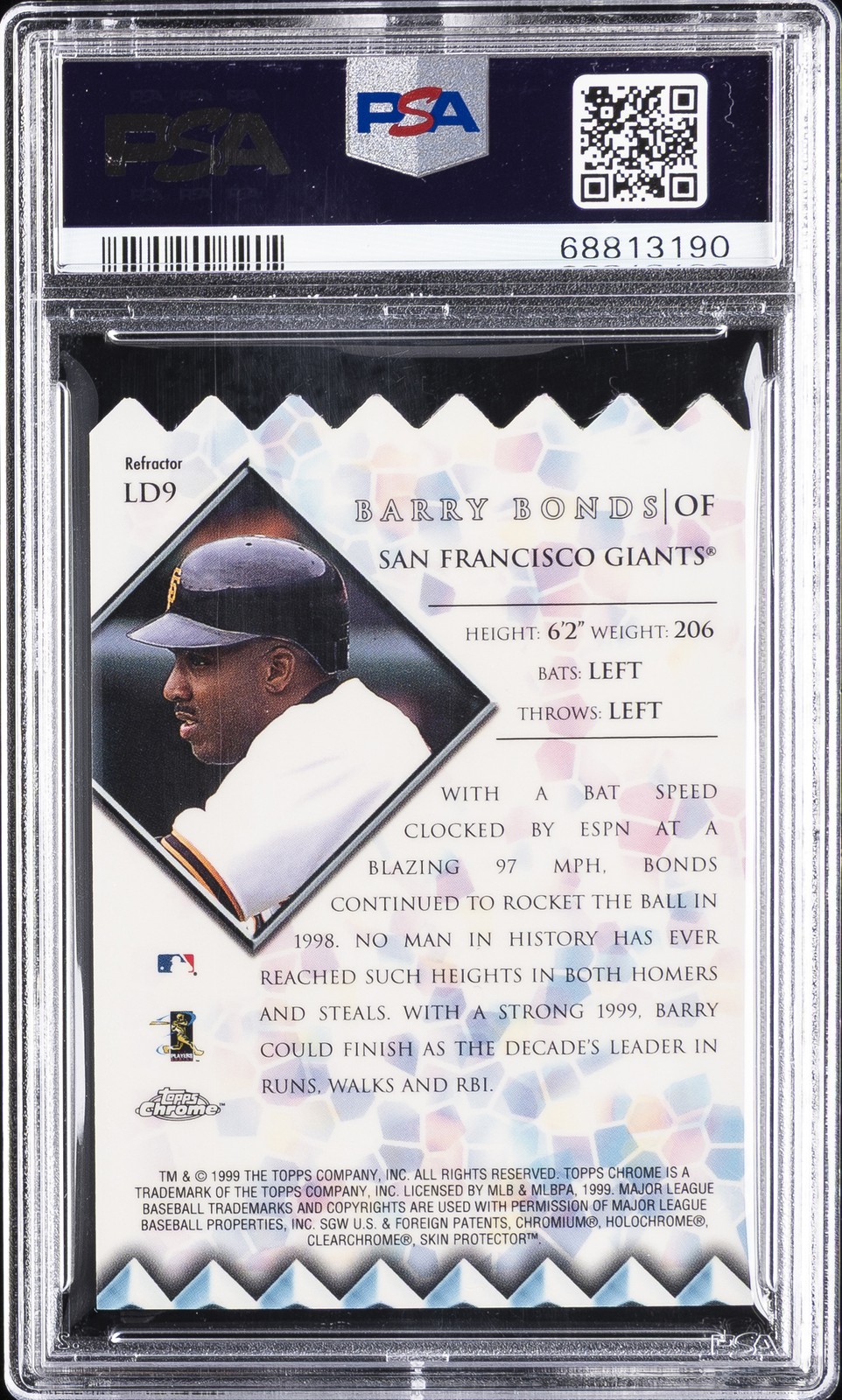 1999 TOPPS CHROME LORDS OF THE DIAMOND REFRACTOR #LD9 BARRY BONDS PSA 9 view 2