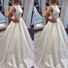 Satin Wedding Dresses wtih Bow Backless Boat Neck Rhinestone Bridal Gowns