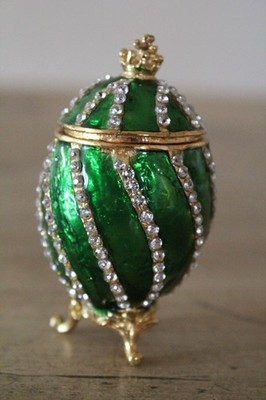 Green Egg Trinket Box with Rhinestones Hinged Lid Magnet Closure 2 7/8'' Tall