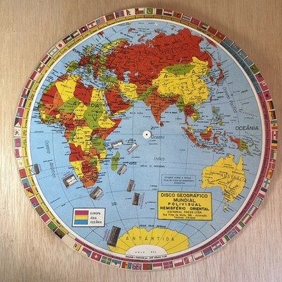 Disco Geografico Mundial Polivisual Rotating Disc Map Double Side Vintage Brazil