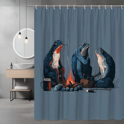Frog Campfire Shower Curtain Graphic Blue Gray Print