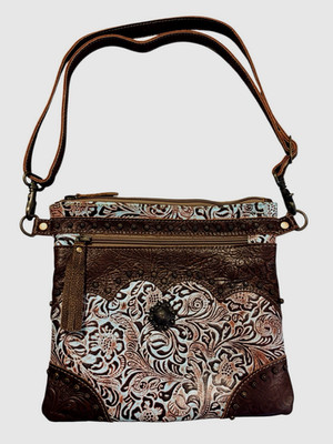 MYRA BAG AZURE BLOSSOM WESTERN TOOLED LEATHER CROSSBODY, CONCHO, STUDS, LINED