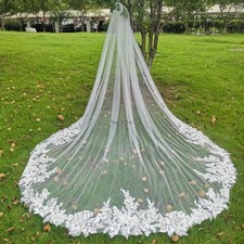 3M One Tier Cathedral Length Wedding Veil Lace Applique Edge Soft Tulle Bridal