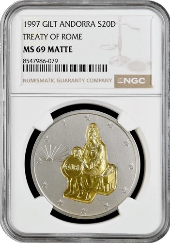 Andorra 20 diners 1997, NGC MS69 MATTE, "Treaty of Rome" Top Pop 1/0