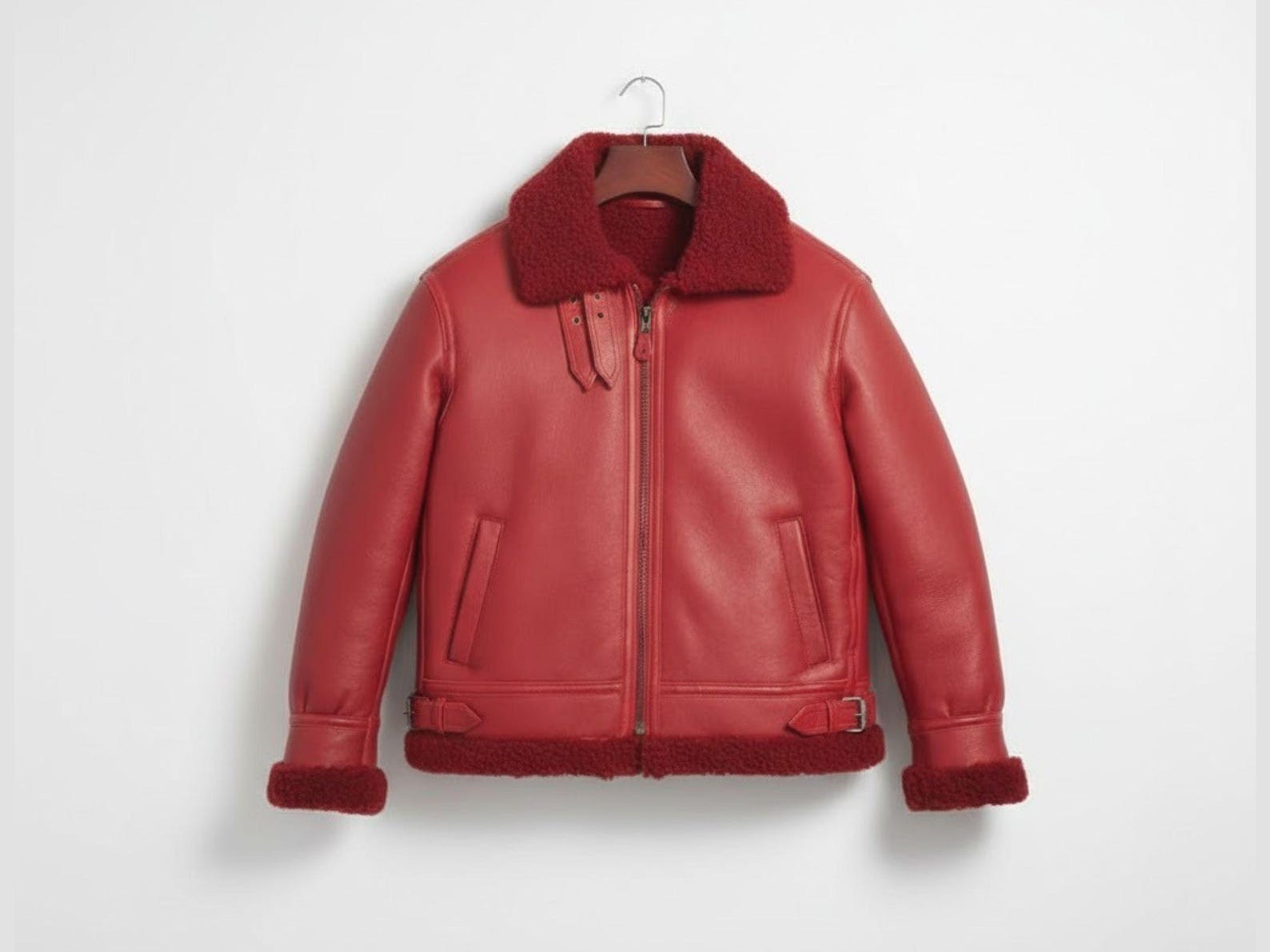 Mens Red Leather Aviator Bomber Jacket Cream Shearling Collar Jacket image 3