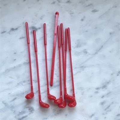 8 Red Plastic Swizzle Sticks Barware Set 7 golf clubs and 1 stick