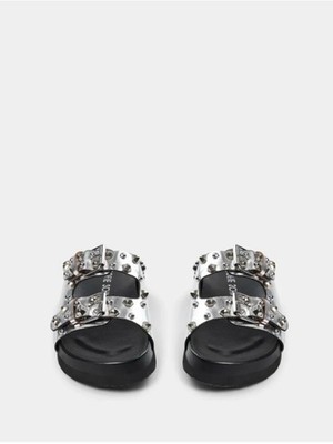 SOFIE SCHNOOR the AMANDA Studded Metallic Silver Slide Sandals NWT Size 37