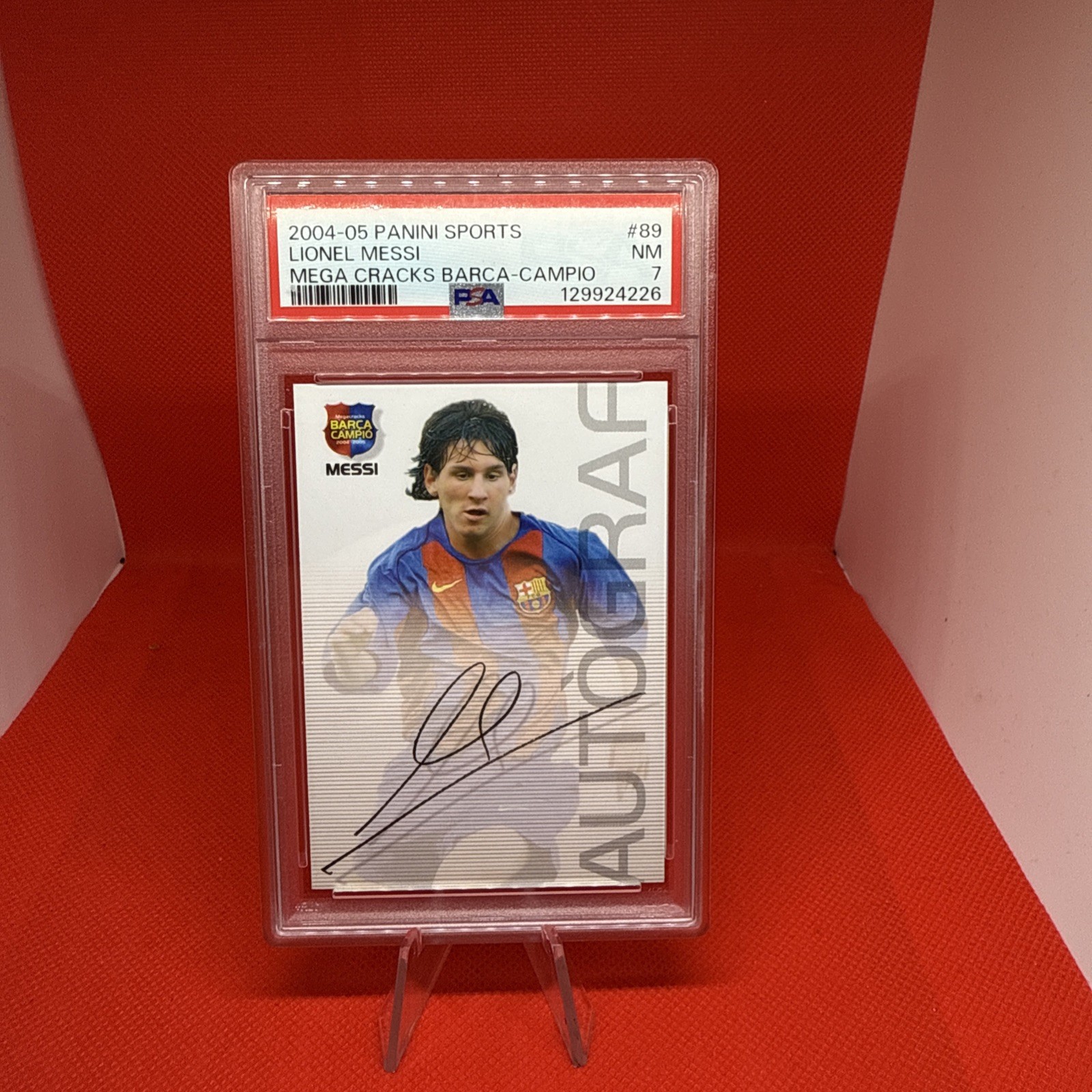 0508 Lionel Messi 2004 Panini Megacracks Barca Campeon Campio #89 RC PSA 7