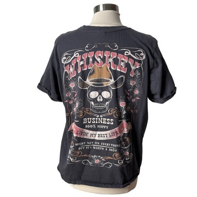 Vibe'n Whiskey Business Skull T-Shirt Charcoal Grey Womens 1X Festival Country