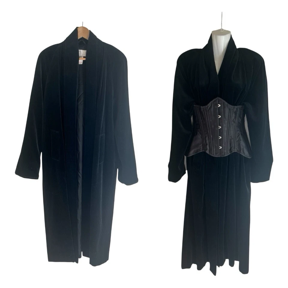 Vintage Velvet Maxi Open Front Opera Jacket Gothic Oversized Pockets Long Line - Image 3 of 4