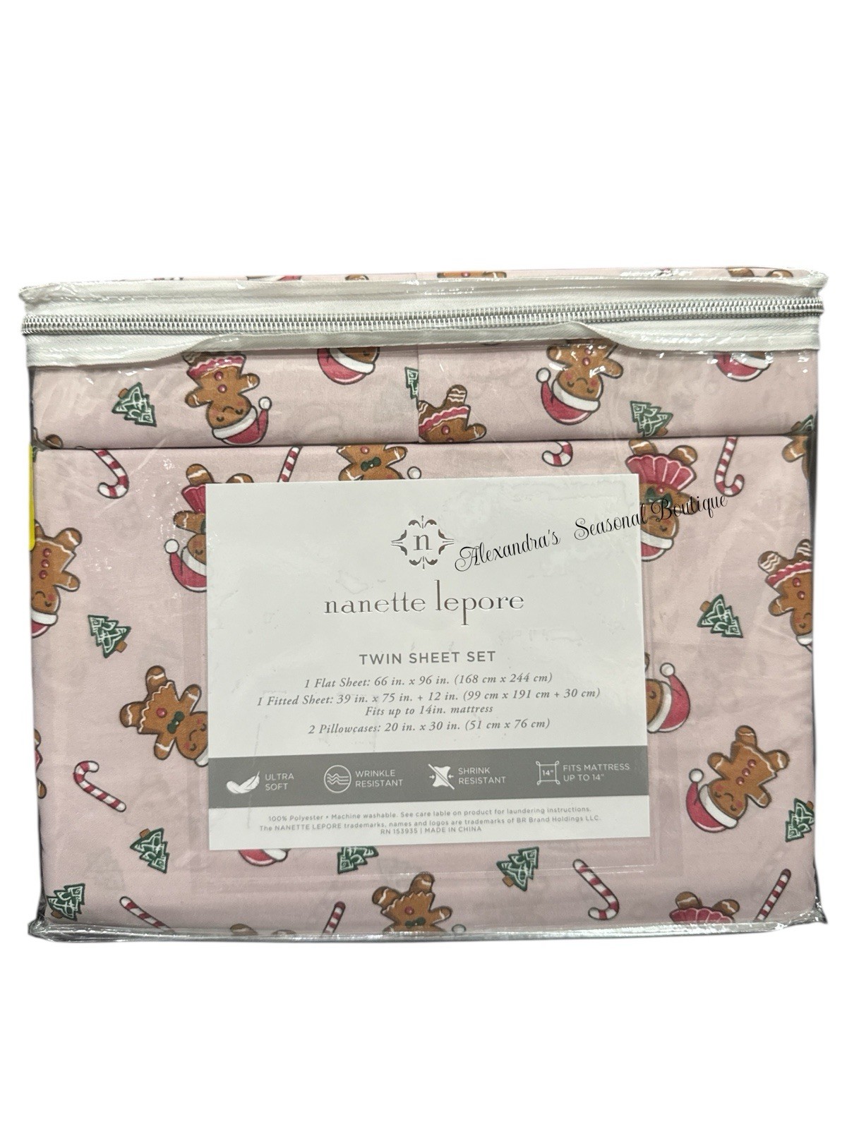 Nanette Lepore Shabby Chic Christmas 4 PC Twin Sheet Set Gingerbread Candy Cane