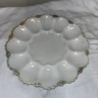 Anchor Hocking Fire King Deviled Egg Plate Milk Glass With Gold Trim 10” Vintage