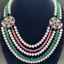 RARE KENNETH LANE KJL PEARL EMERALD GREEN GRIPOIX GLASS BEAD MOGHUL NECKLACE