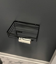 NEW Toilet Paper Holder with Shelf Black Metal Adhesive or Wall Mount Black