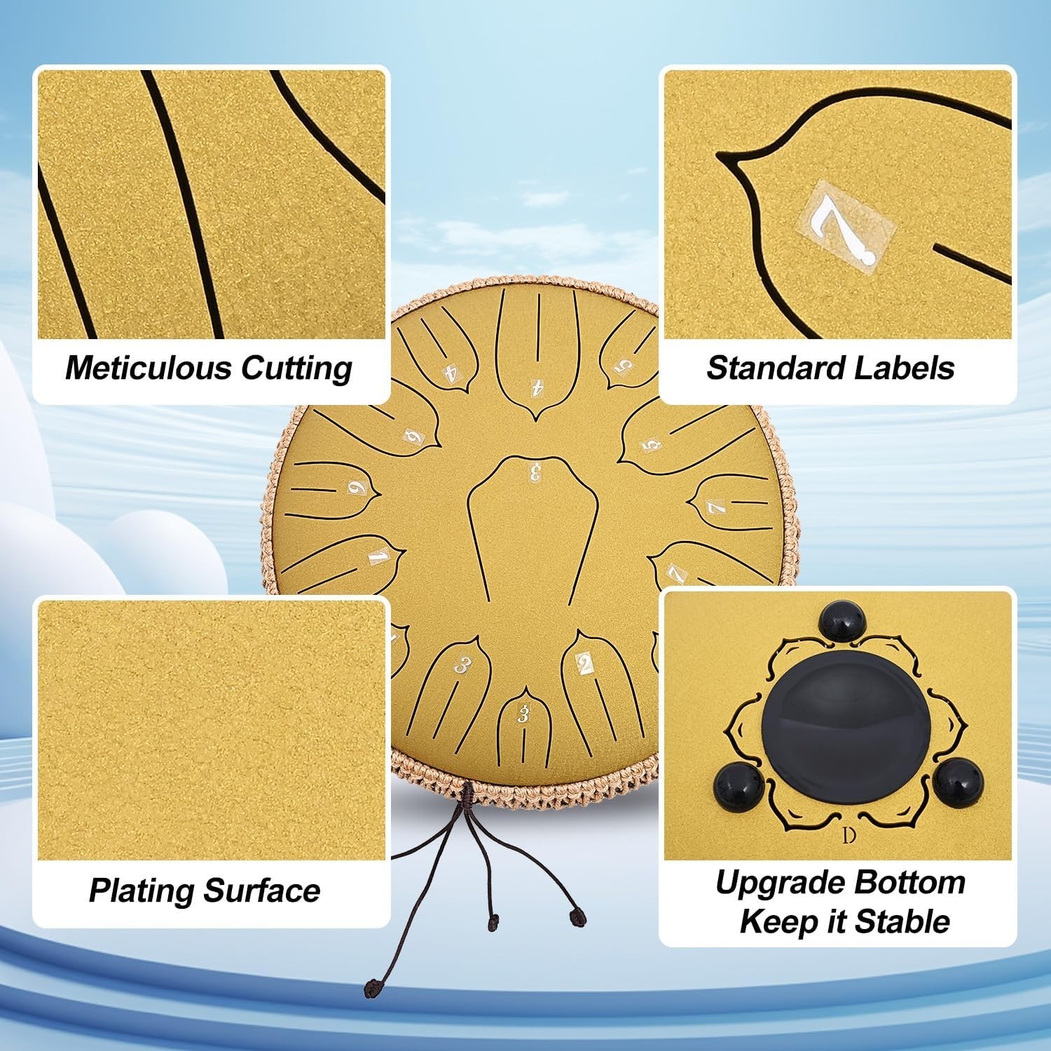 Steel Tongue Drum 15 Notes 14 Inch D-Key Panda Balmy Drum Percussion Instrument