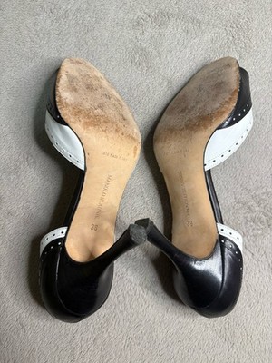 Manolo Blahnik Black & White D'Orsay Peep Toe Heels Size 8 (EU 38